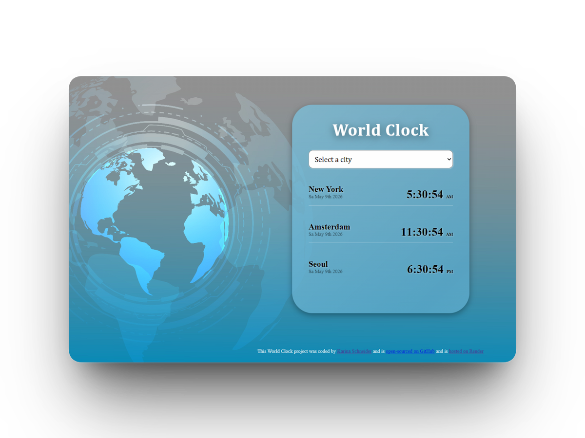 World Clock app showing live times in New York, Amsterdam and Seoul